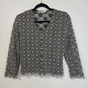 Y2K Women's Black White Floral Lace Faux Button‎ Up Cardigan Sweater Top XS